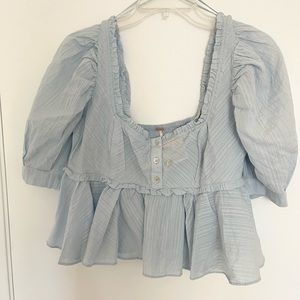 NWOT Free People Leave It To Me Babydoll Top Puff Sleeves Blue Small New.